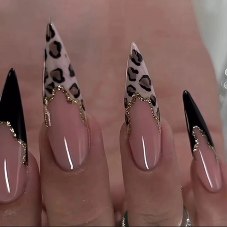 Leopard Print Almond Press-On Nails with Cherry & Star Charms