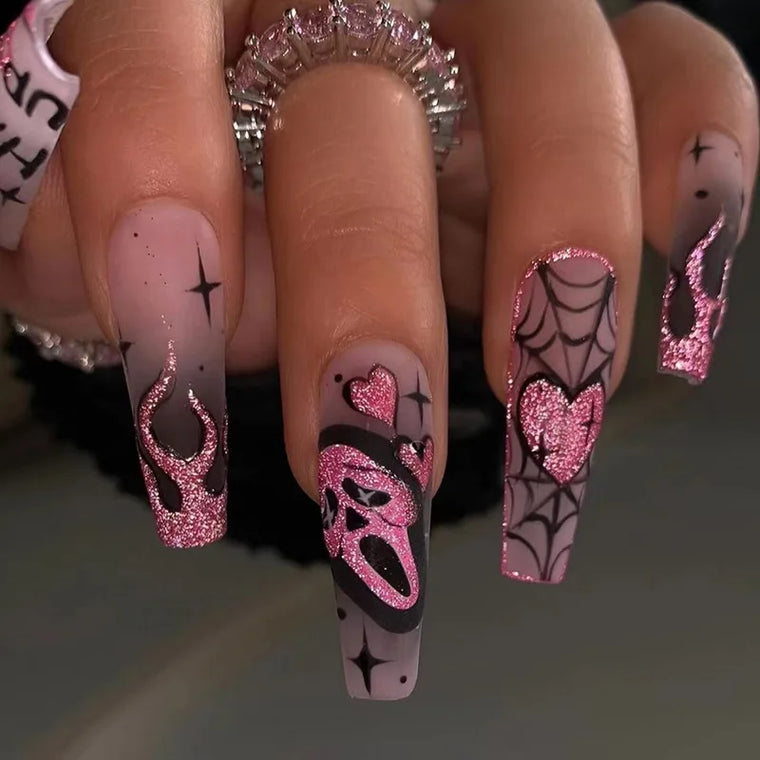 Glitter Pink Halloween Skull Ballet Press-On Nails