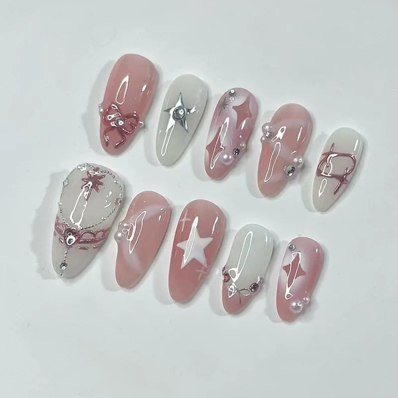 French Almond Press-On Nails with 3D Flower & Stars