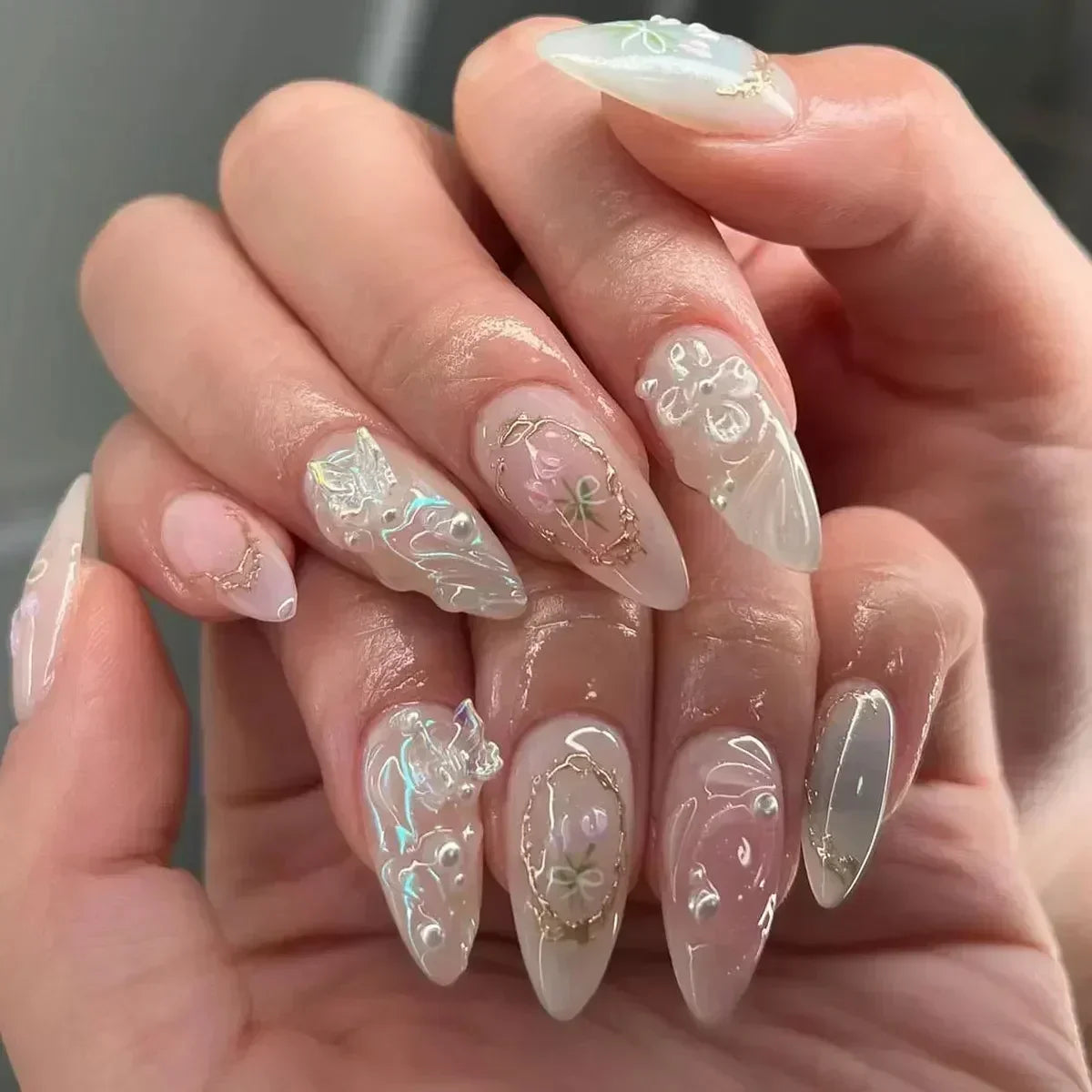 Amber Brown Almond Press-On Nails with Rhinestones & Pearls