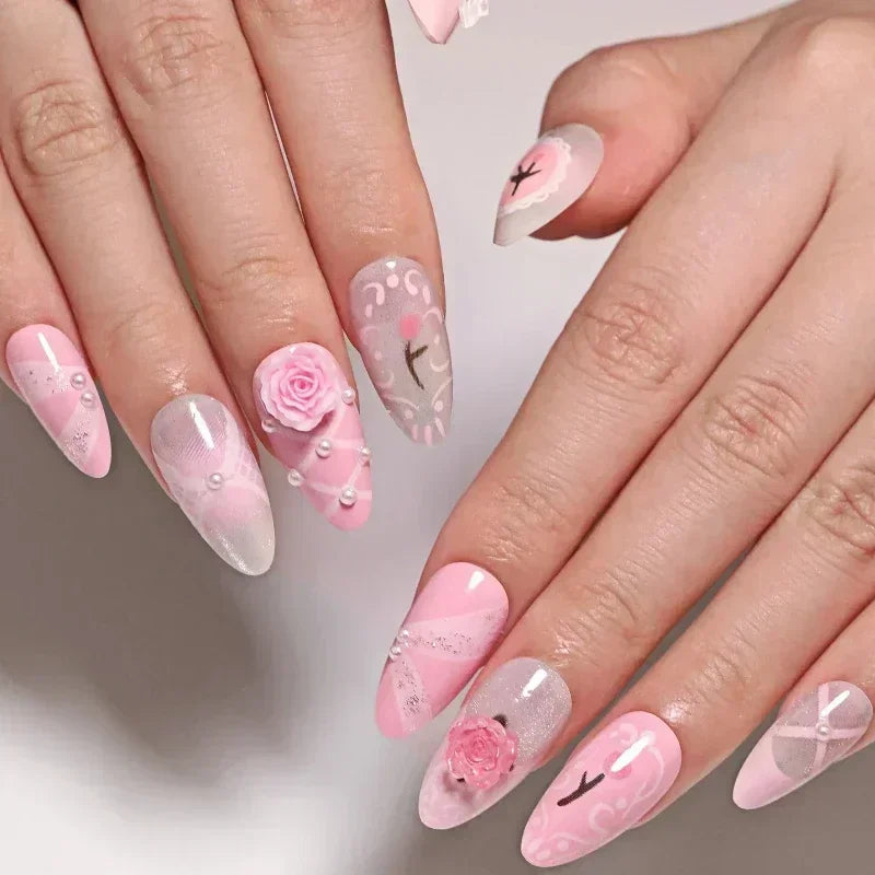 Amber Brown Almond Press-On Nails with Rhinestones & Pearls
