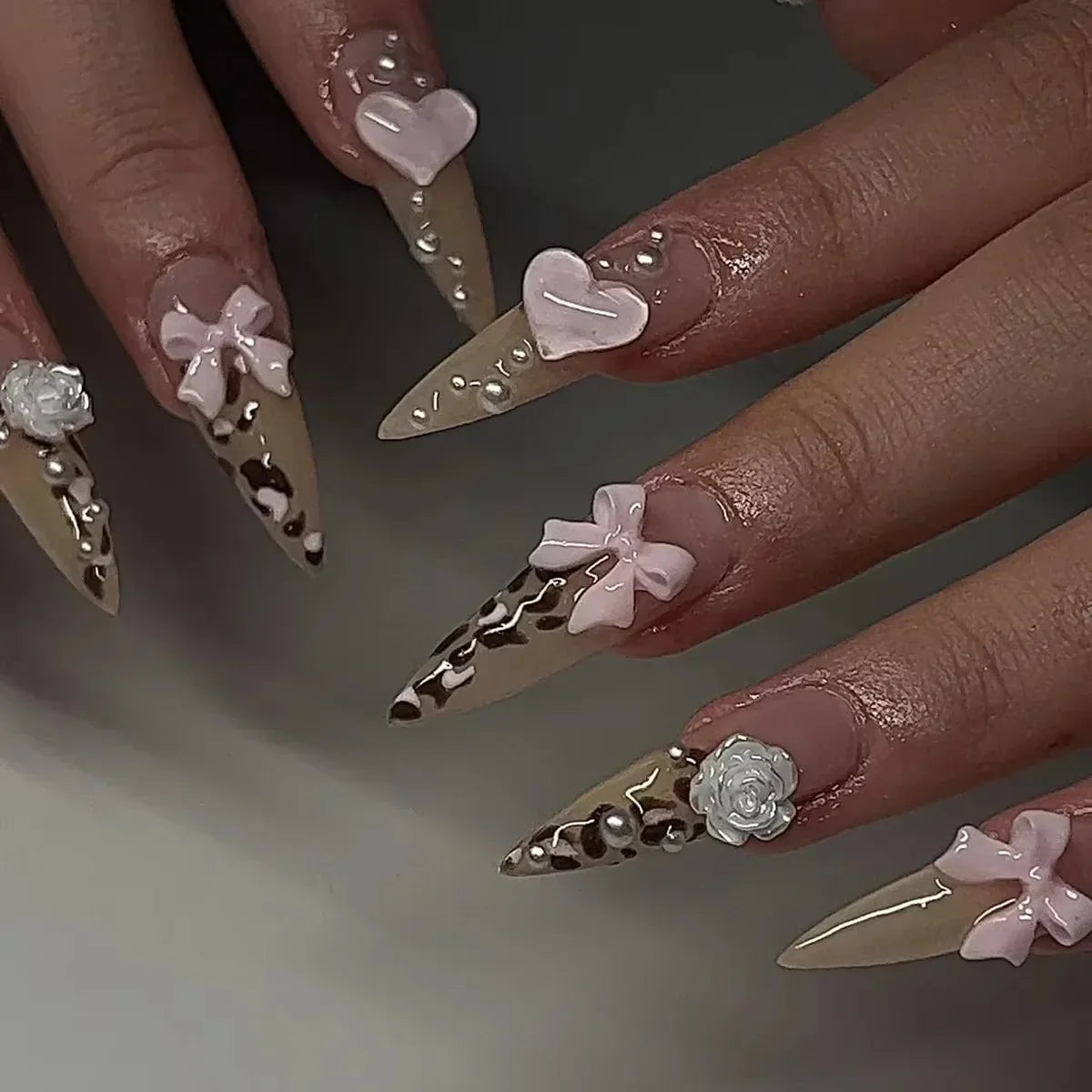 Leopard Print Almond Press-On Nails with Cherry & Star Charms