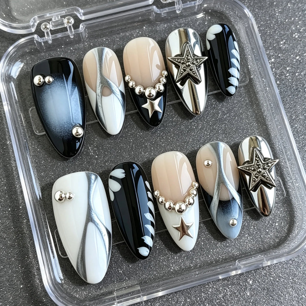 Starlit Noir – Black & Silver Almond Press-On Nails