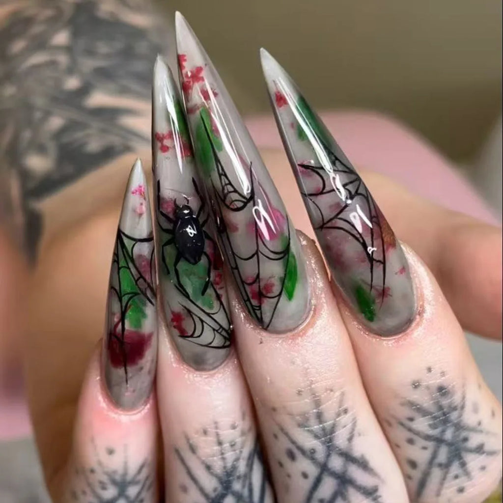 Silver Spider Gothic Punk Almond Press-On Nails