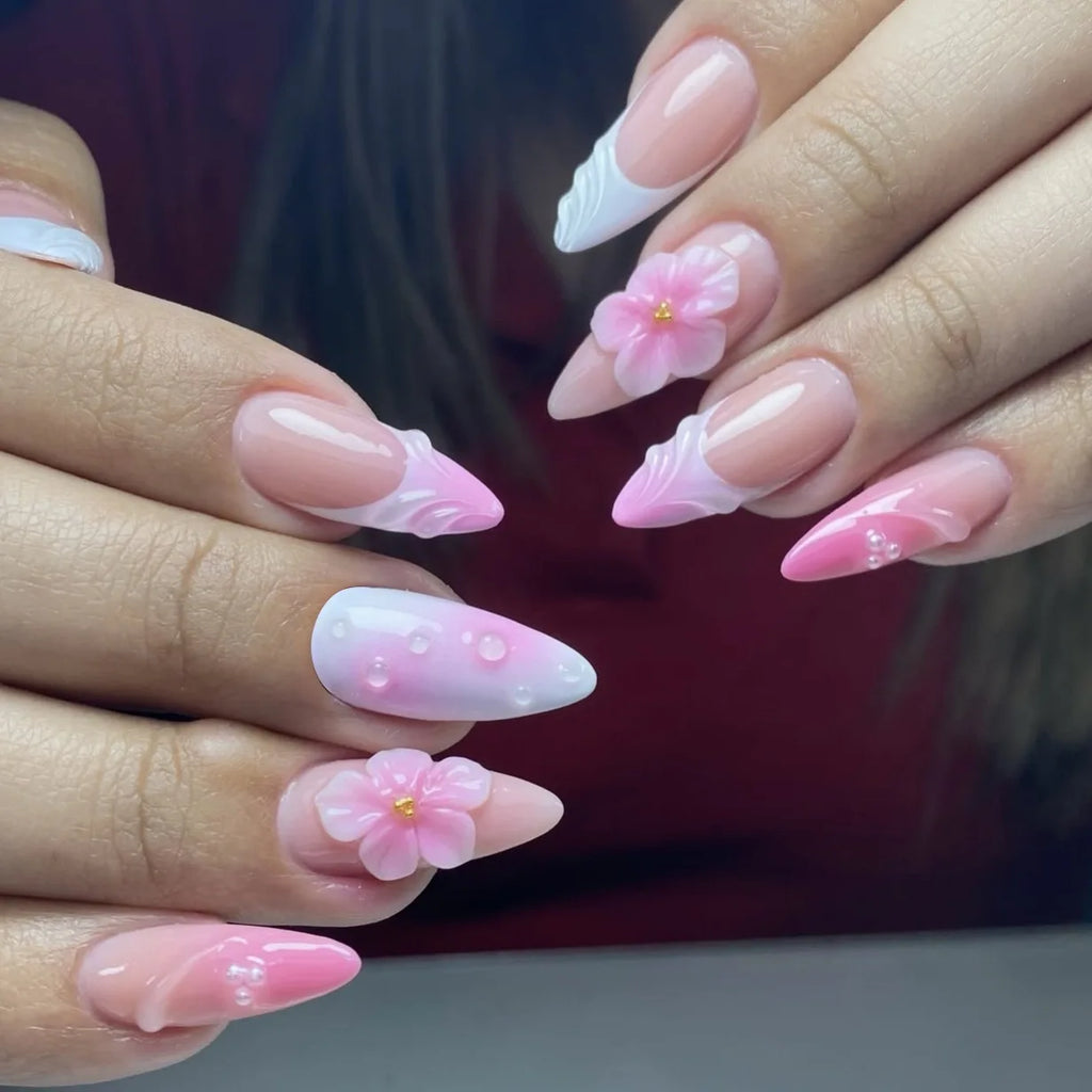 Long White French Stiletto Press-On Nails with Flowers