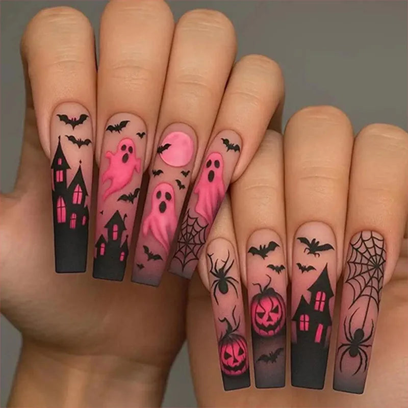 Glitter Pink Halloween Skull Ballet Press-On Nails