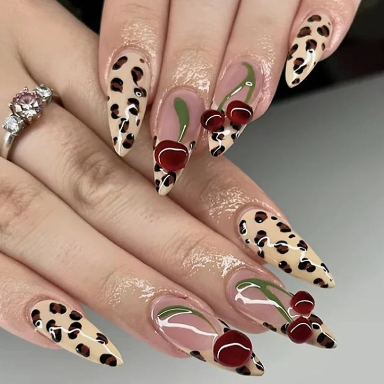 Leopard Print Almond Press-On Nails with Cherry & Star Charms — detail