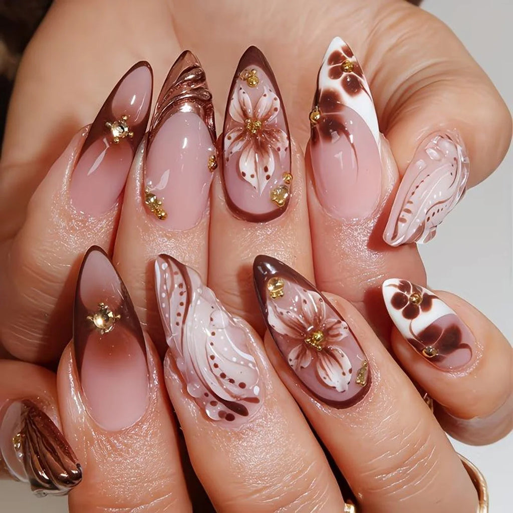 Gradient Brown Floral Almond Press-On Nails with Rhinestones