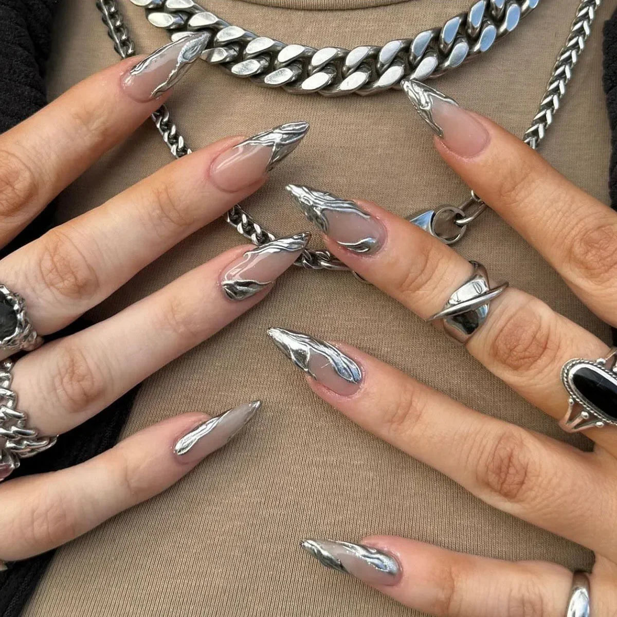 Punk Metallic Stiletto Press-On Nails with Stars