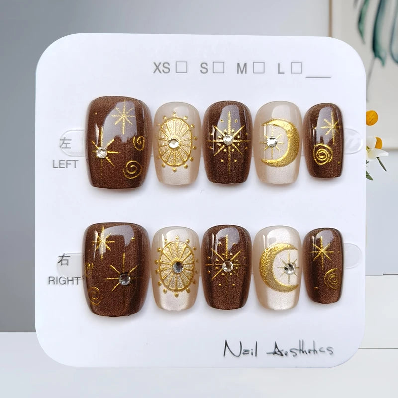 Brown Cat Eye Press-On Nails with Rhinestones
