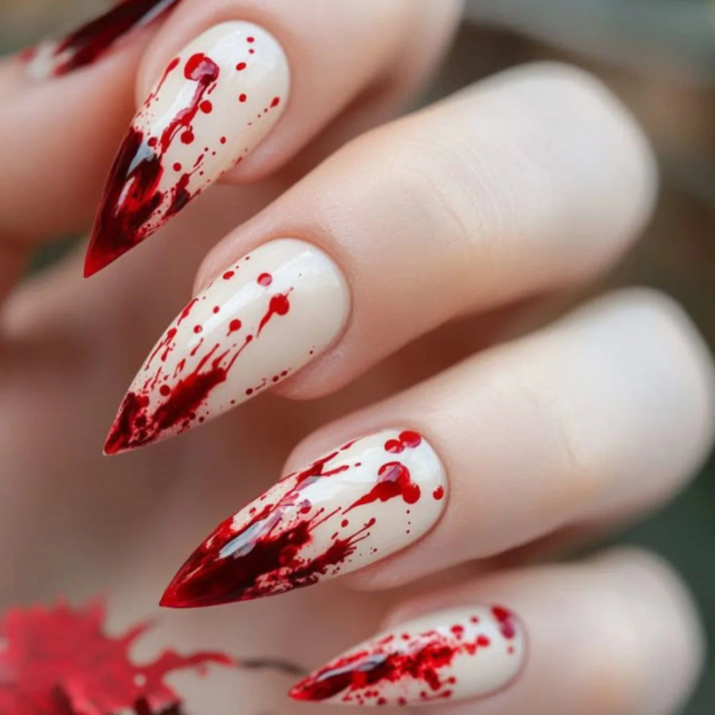 Halloween Blood French Almond Press-On Nails with Spider Web