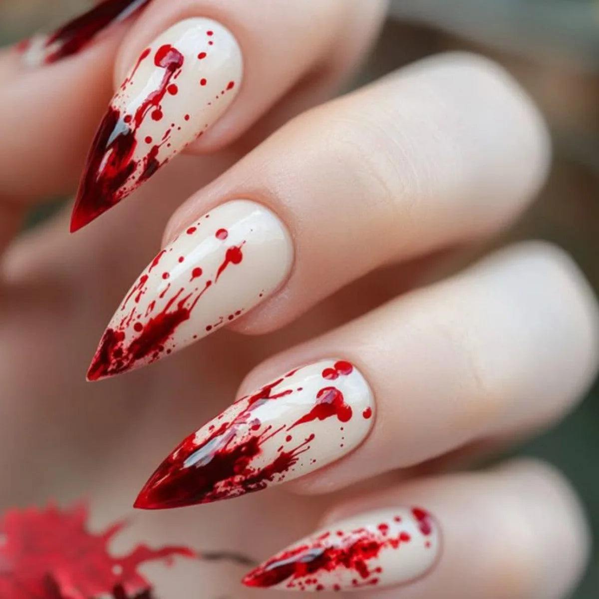 Halloween Blood French Almond Press-On Nails with Spider Web