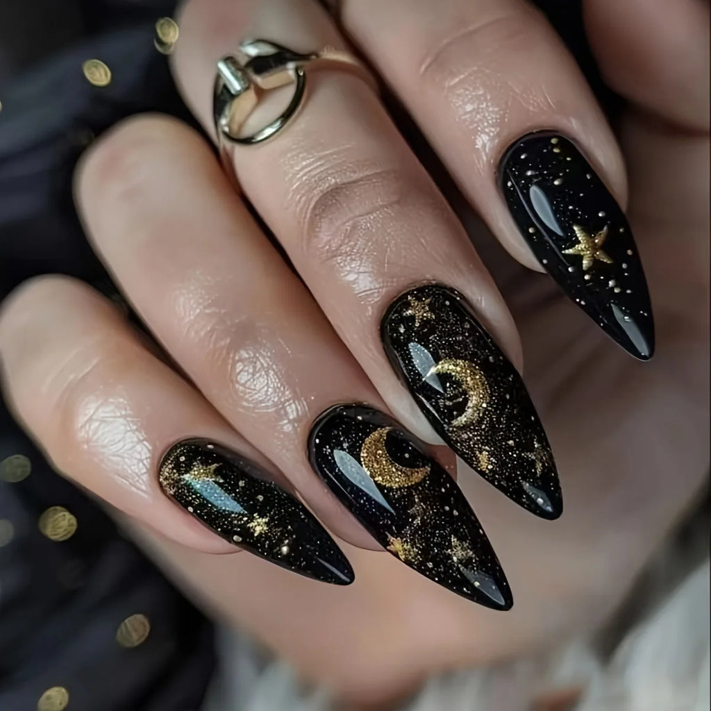 Black & Gold Moon Star Almond Press-On Nails