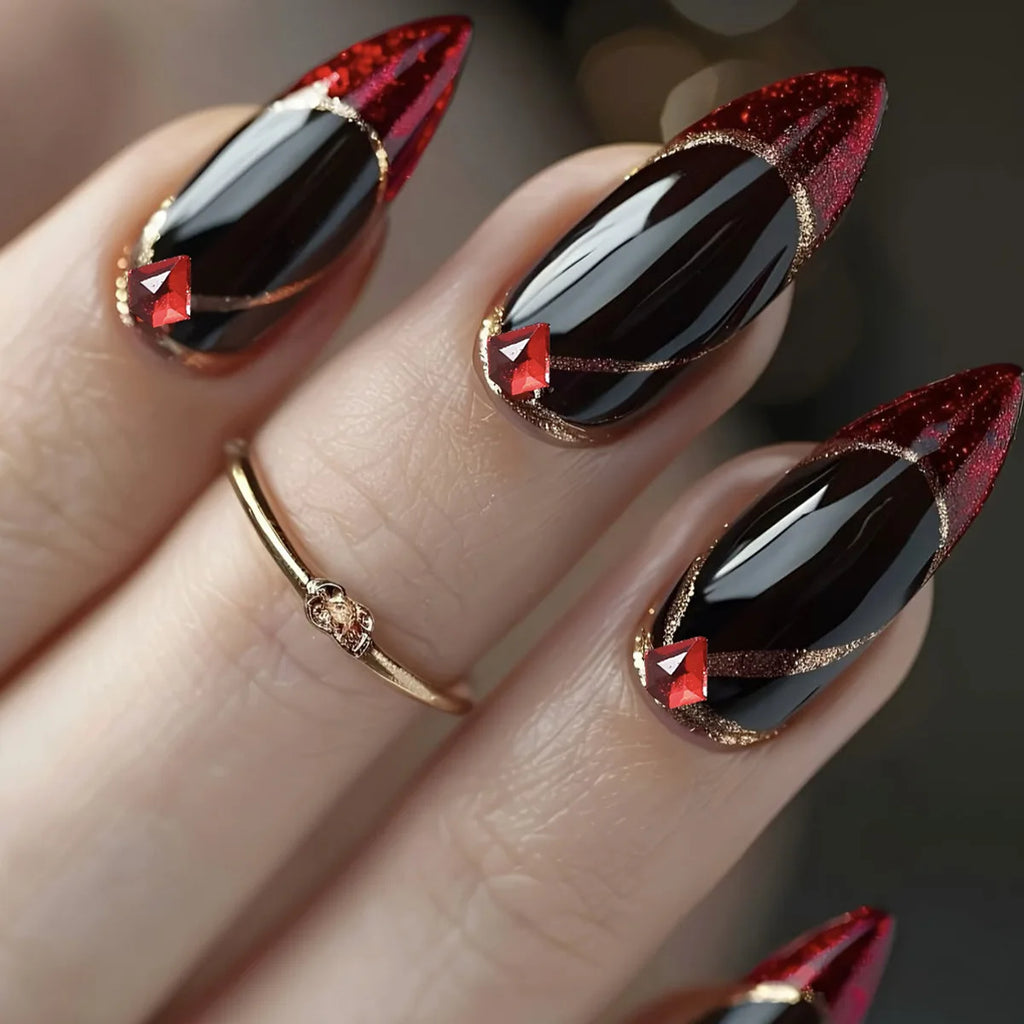 Black & Gold Moon Star Almond Press-On Nails