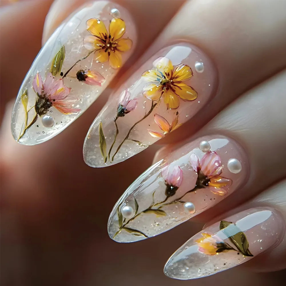 Wine Red Smudge Flower Almond Press-On Nails