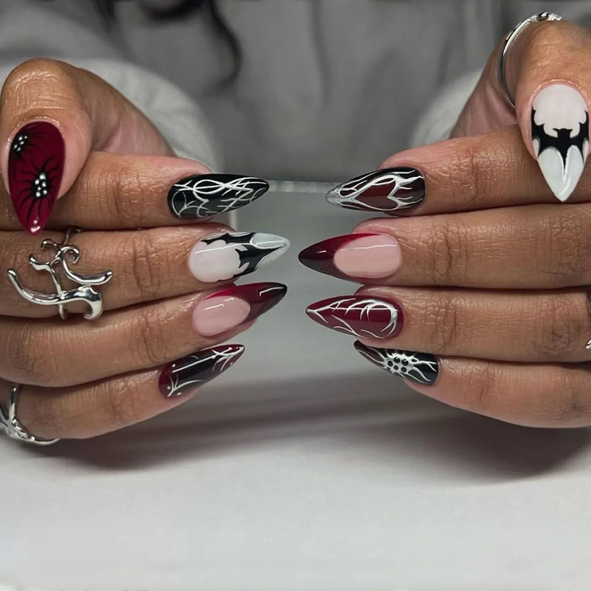 Silver Spider Gothic Punk Almond Press-On Nails
