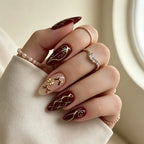 Retro Wine Red Almond Press-On Nails with Gold Bow