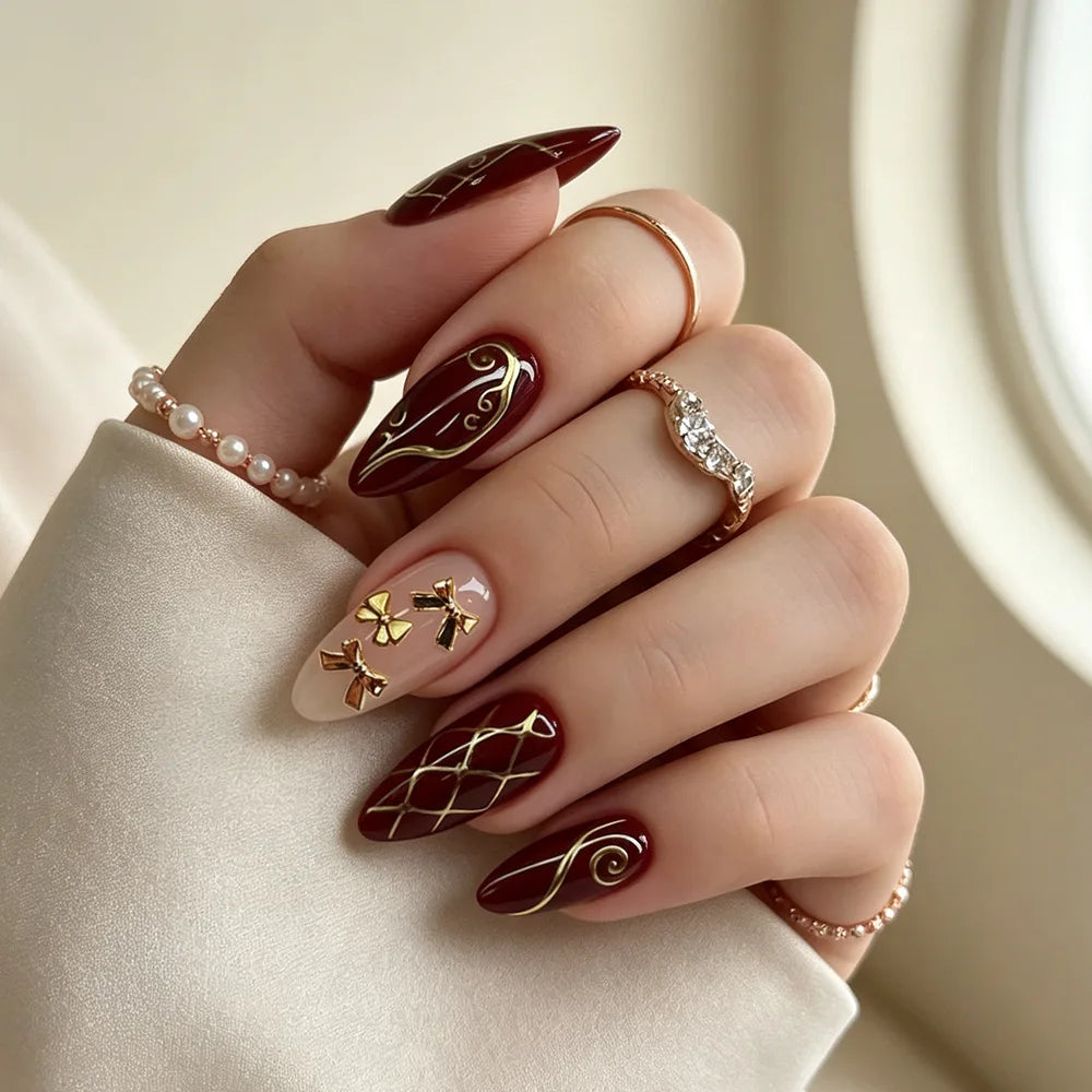 Retro Wine Red Almond Press-On Nails with Gold Bow