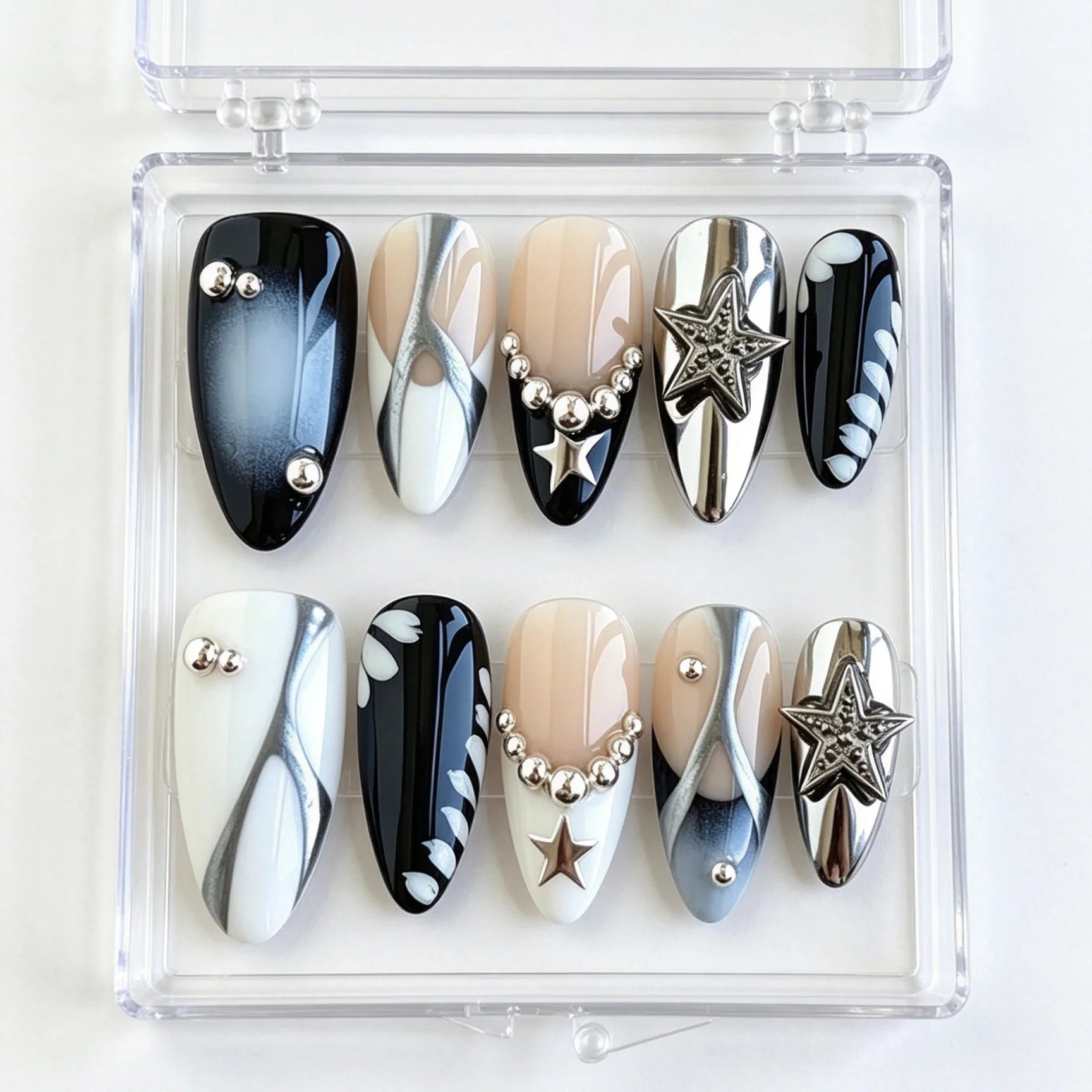 Starlit Noir – Black & Silver Almond Press-On Nails