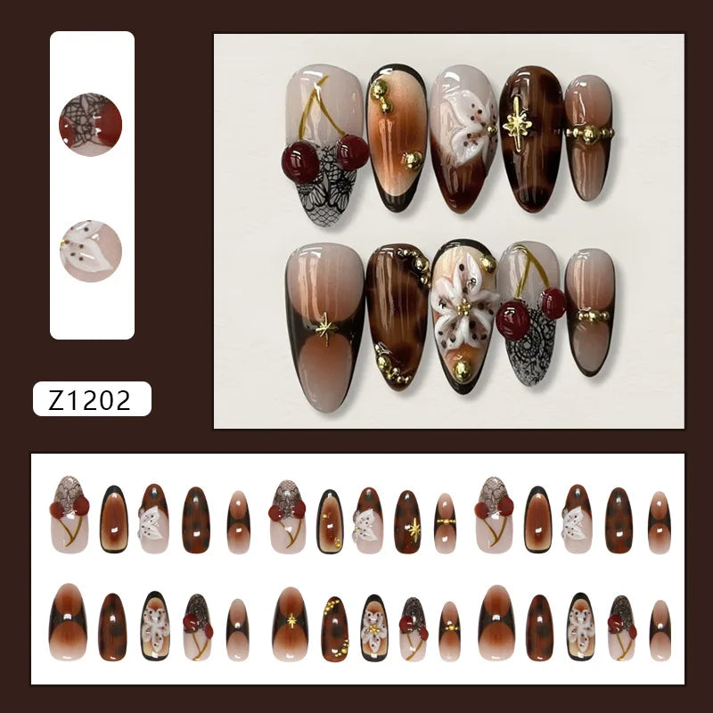 Brown French Almond Press-On Nails with Cherry Flowers