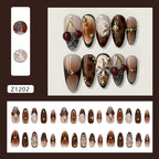 Brown French Almond Press-On Nails with Cherry Flowers