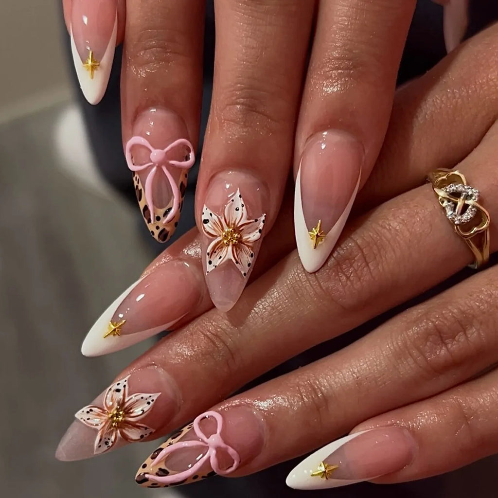 Long White French Stiletto Press-On Nails with Flowers