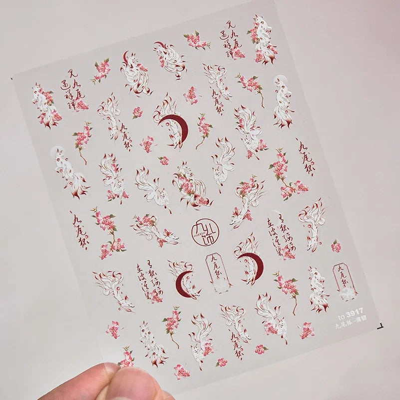 Nine-Tailed Fox Red Flower Nail Art Stickers