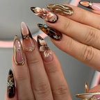 Amber Brown Almond Press-On Nails with Rhinestones & Pearls