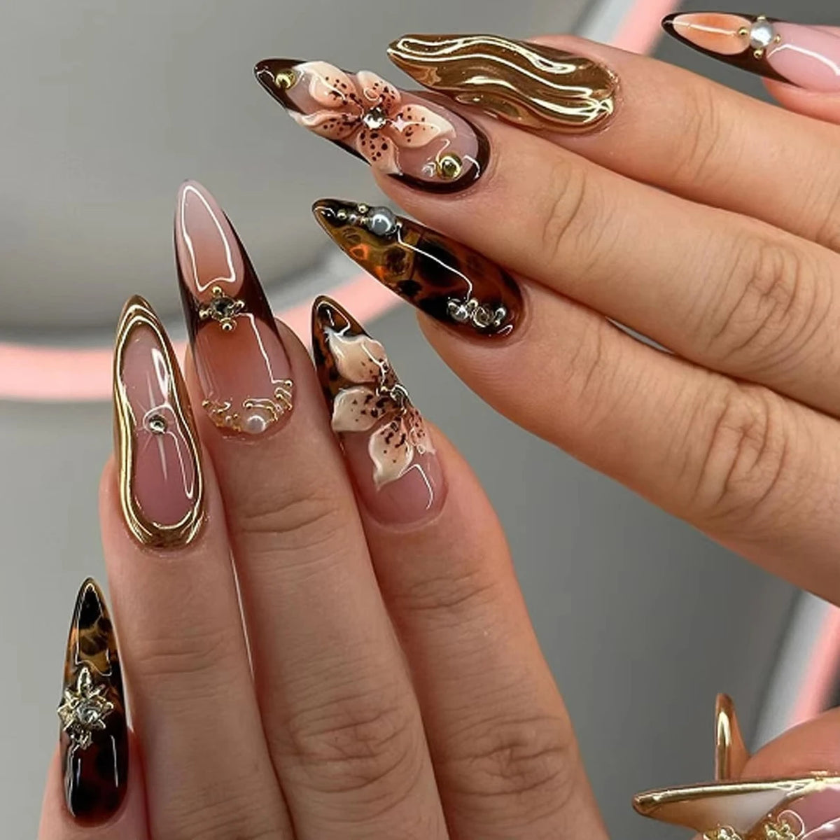 Amber Brown Almond Press-On Nails with Rhinestones & Pearls