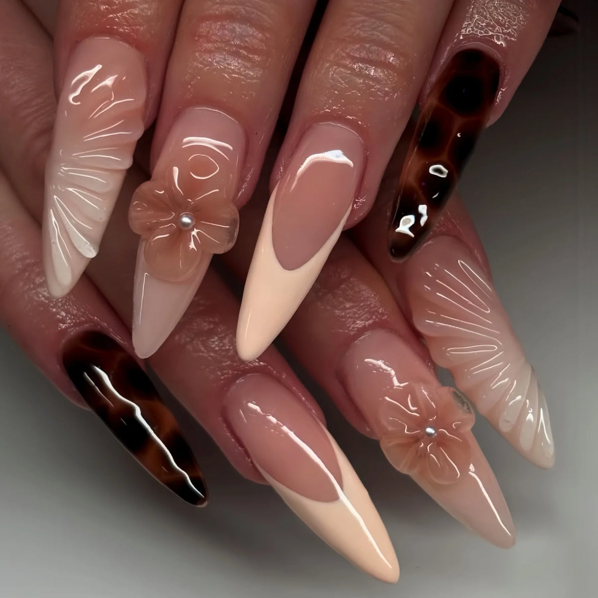 Long White French Stiletto Press-On Nails with Flowers