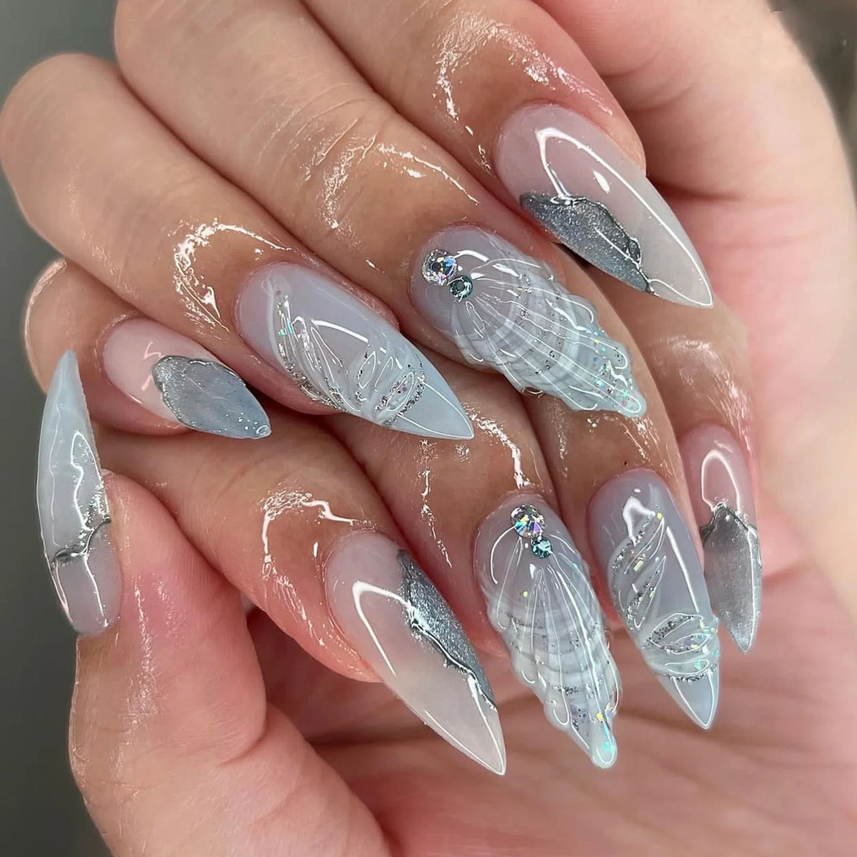 Summer Blue Water Ripple French Almond Press-On Nails