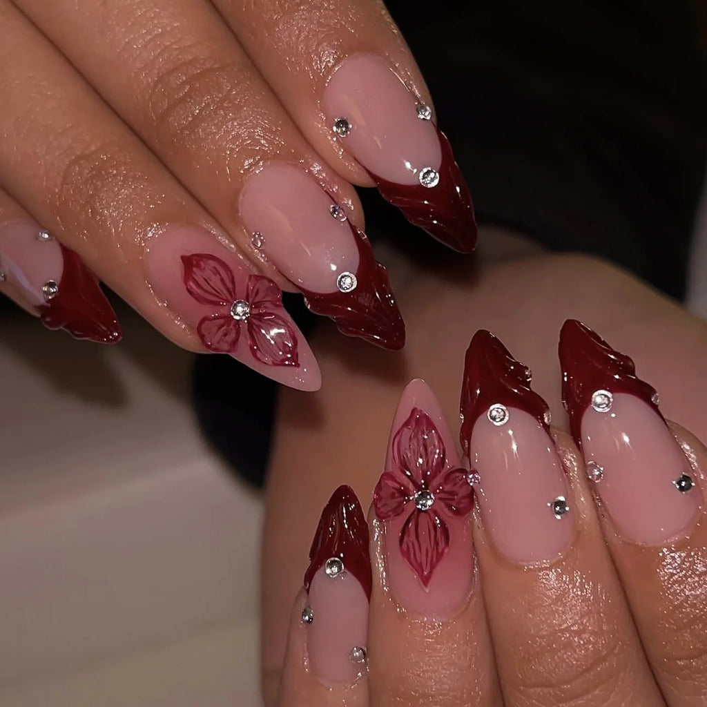 Long White French Stiletto Press-On Nails with Flowers
