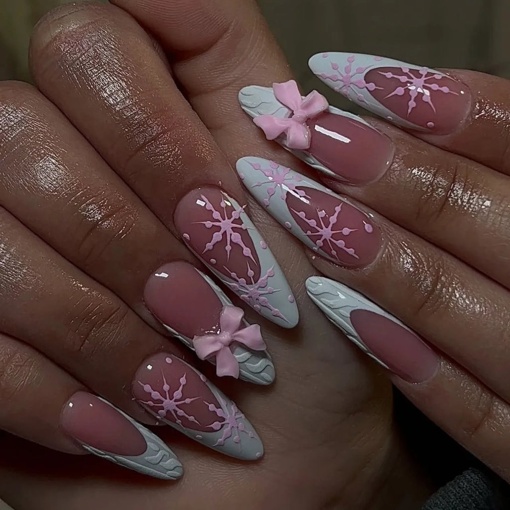 Long White French Stiletto Press-On Nails with Flowers