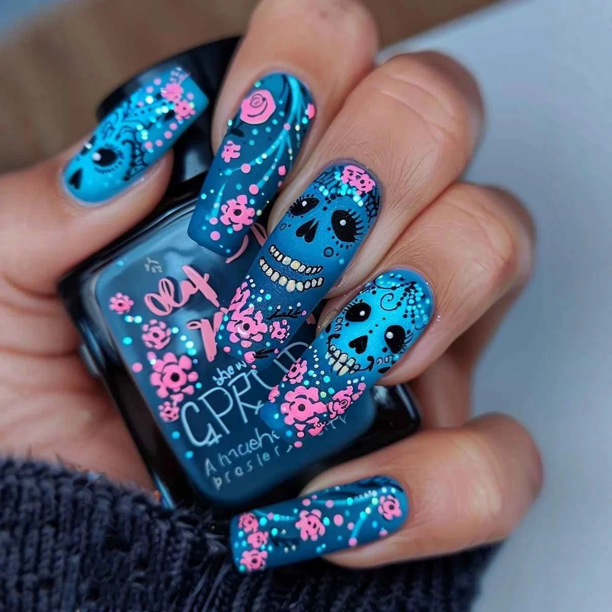 Glitter Pink Halloween Skull Ballet Press-On Nails