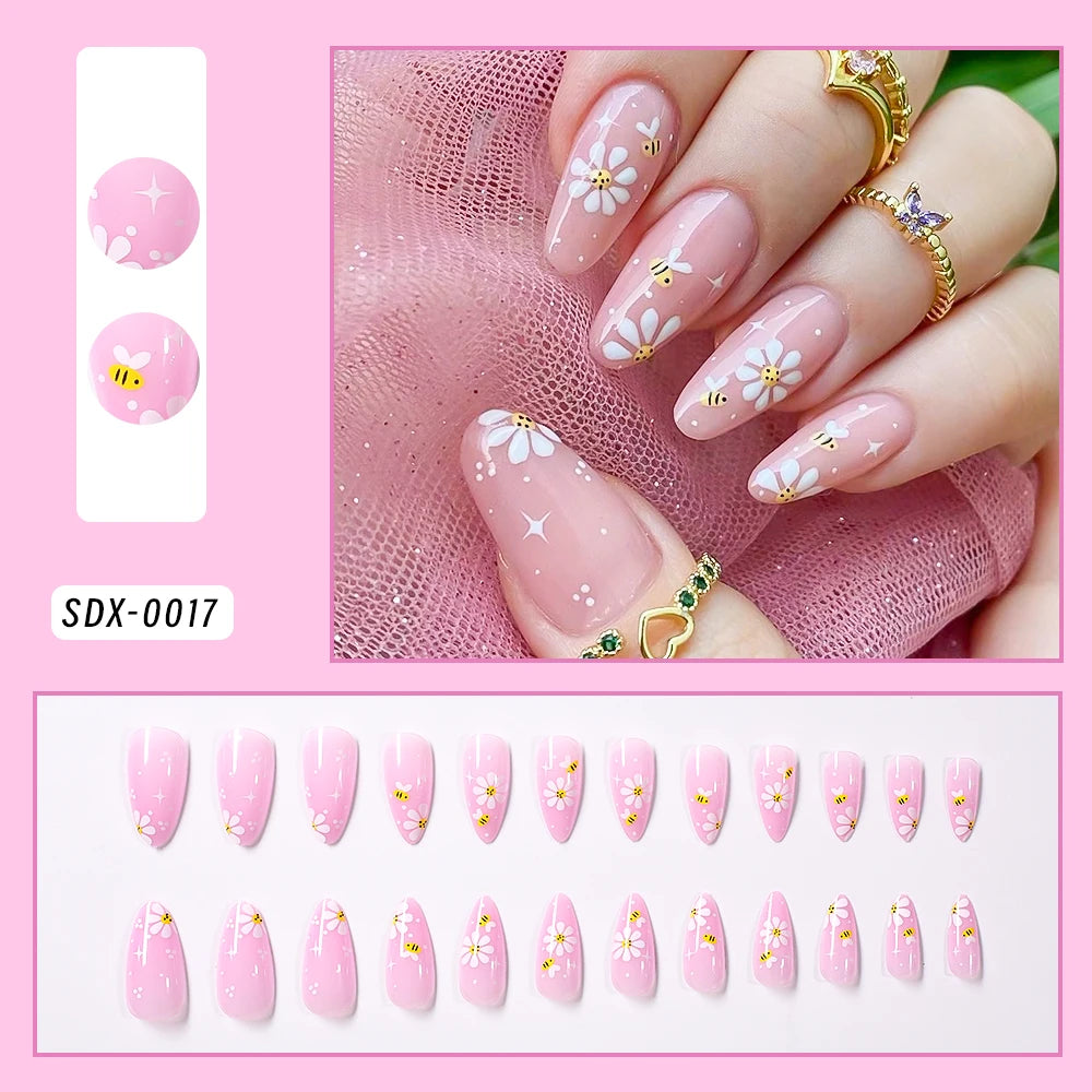 Gold Ripple Brown Floral Almond Press-On Nails