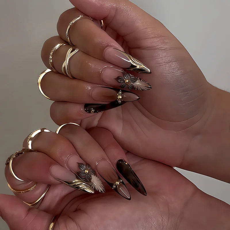 Black Gradient Stiletto Press-On Nails with Silver Lines
