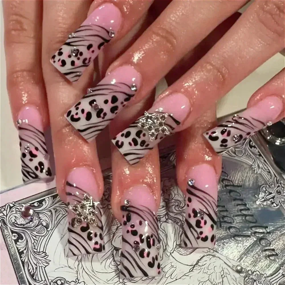 Leopard Print Almond Press-On Nails with Cherry & Star Charms