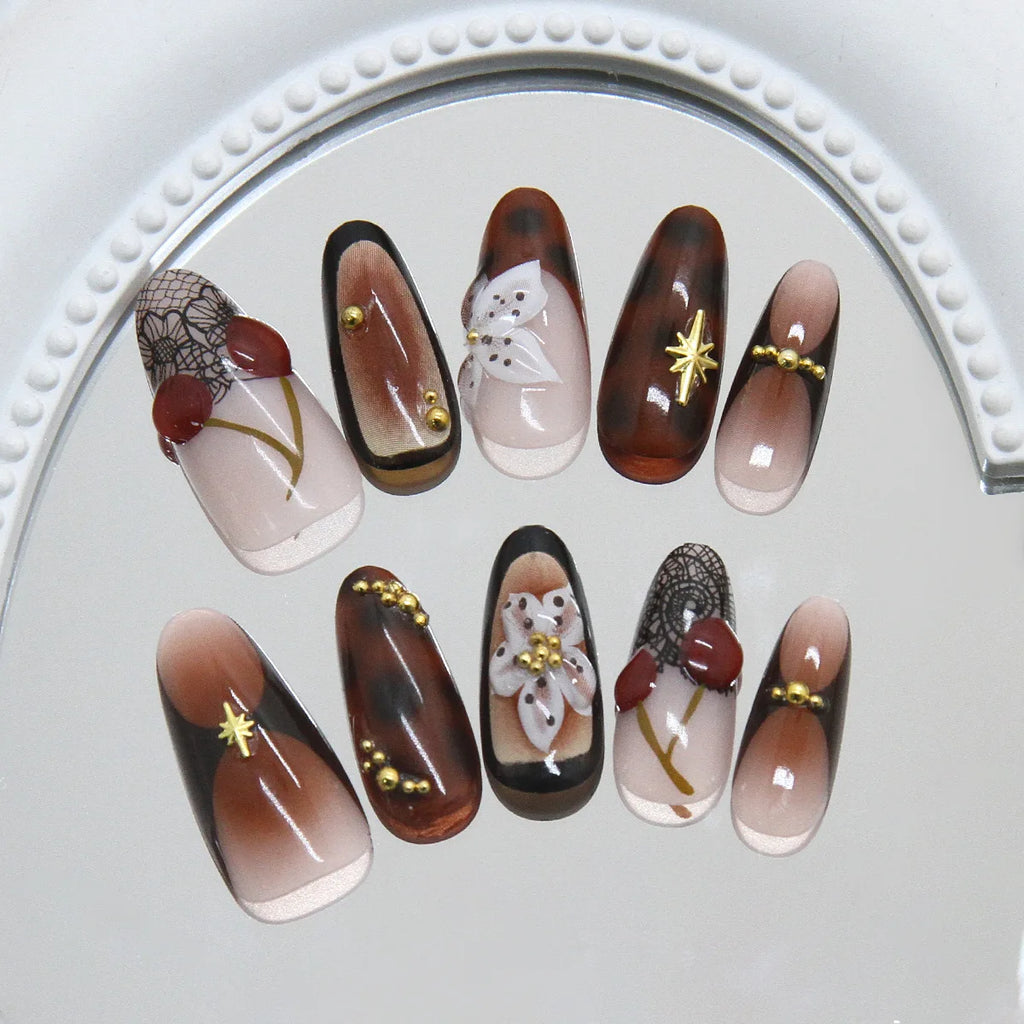 Brown French Almond Press-On Nails with Cherry Flowers