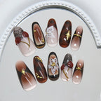 Brown French Almond Press-On Nails with Cherry Flowers