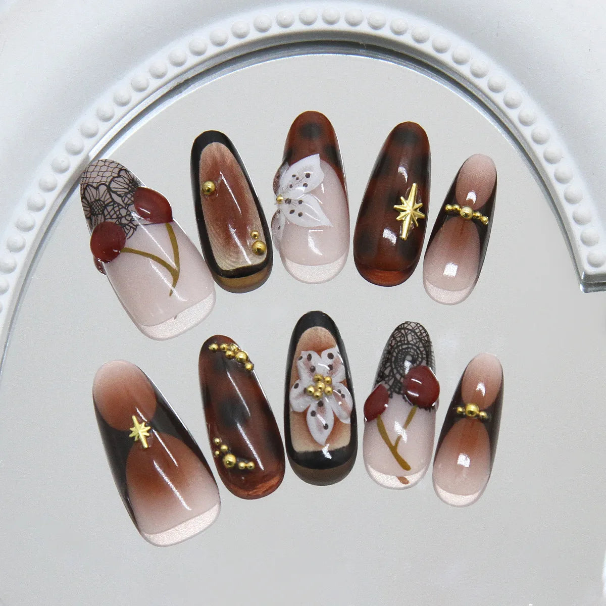 Brown French Almond Press-On Nails with Cherry Flowers