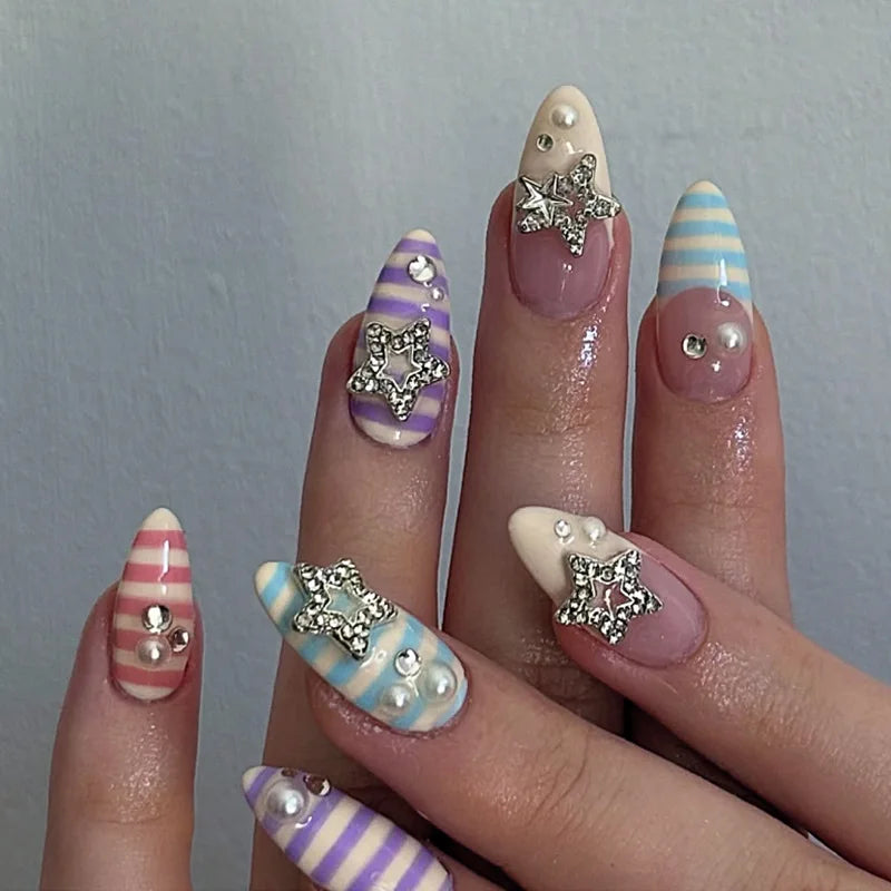 Short Red Star Almond Press-On Nails