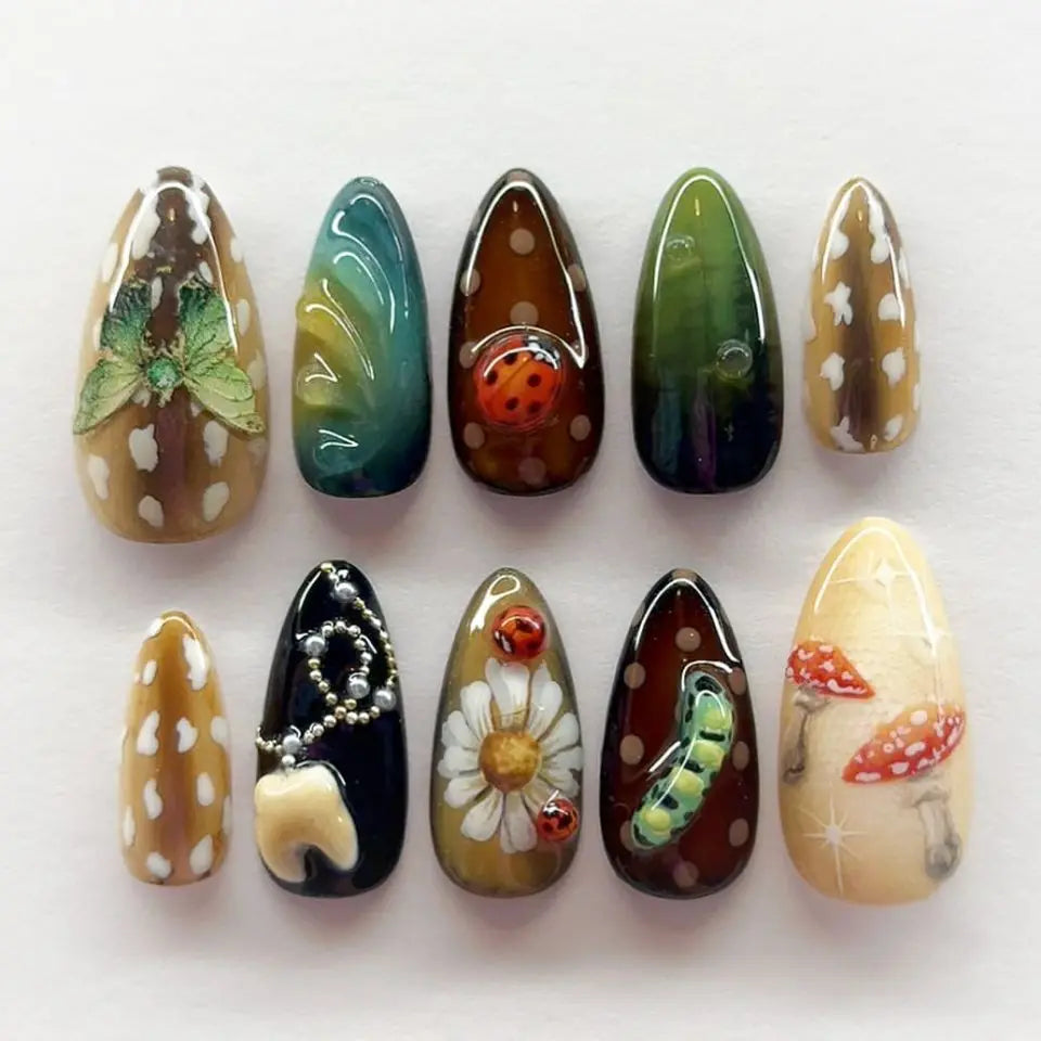 Short Green Smudge Almond Press-On Nails