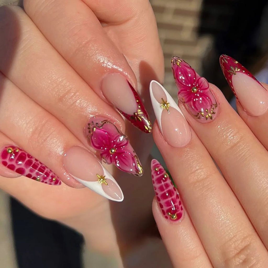 Long White French Stiletto Press-On Nails with Flowers