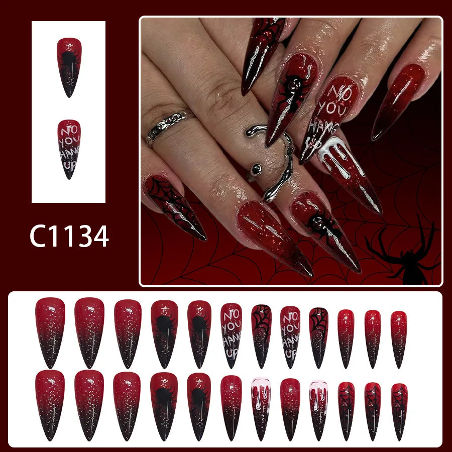 Halloween Spider Web Dark Red Almond Press-On Nails