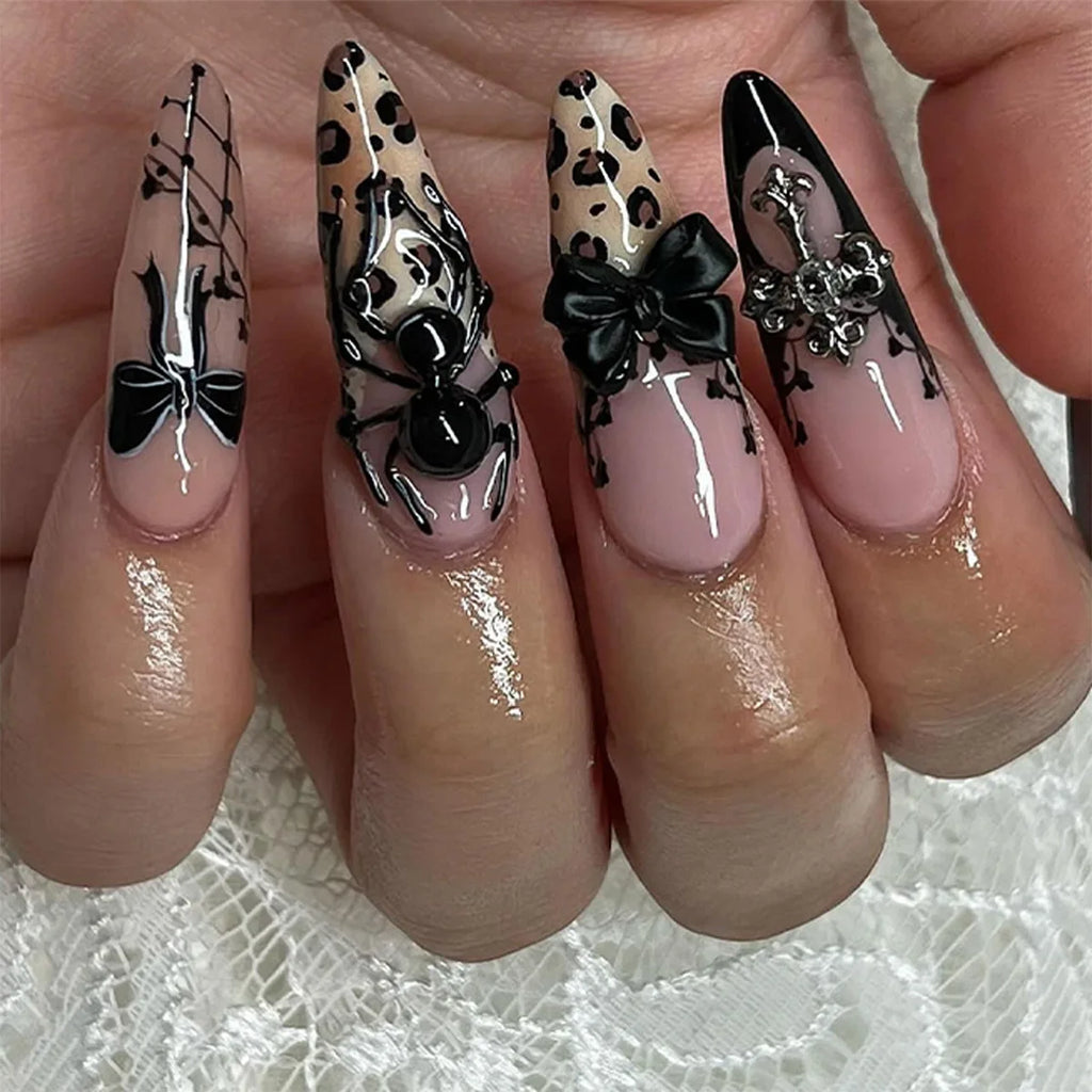 Silver Spider Gothic Punk Almond Press-On Nails