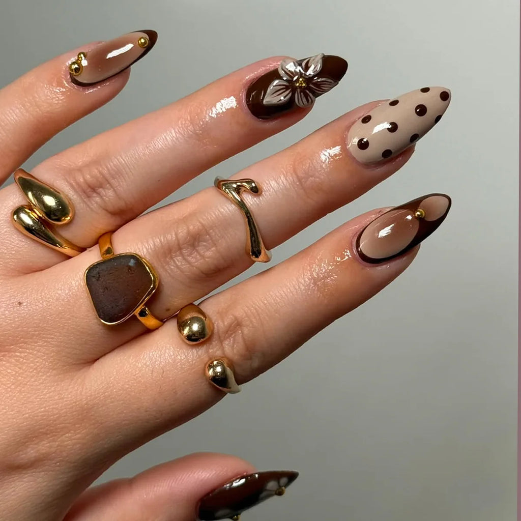 Retro Brown French Almond Press-On Nails
