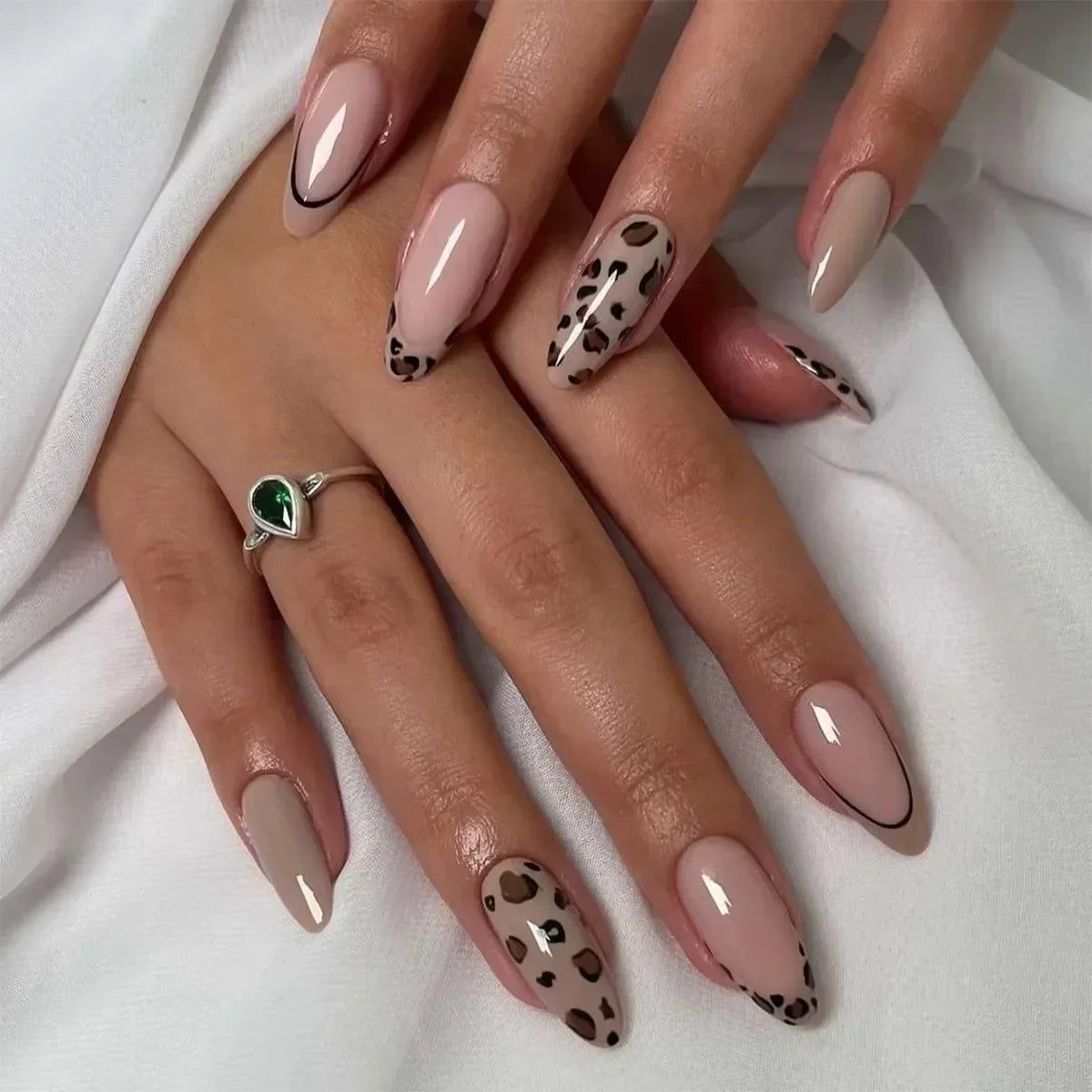 Leopard Print Almond Press-On Nails with Cherry & Star Charms
