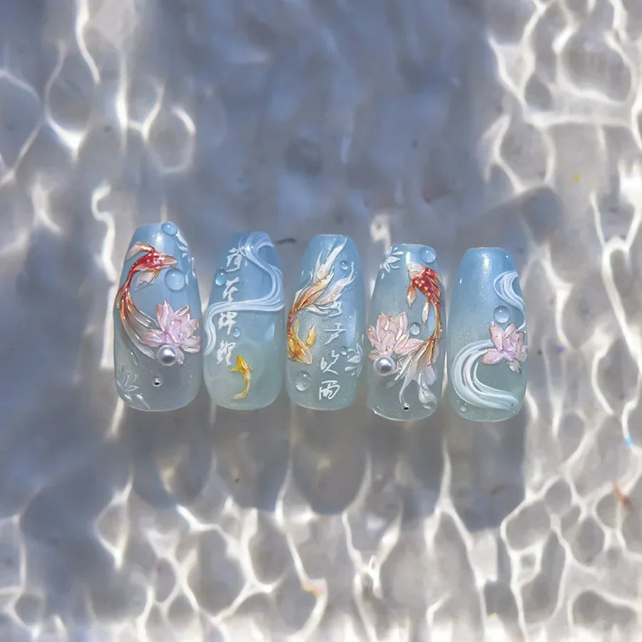 Cute Koi & Lotus Nail Art Stickers - Mermaid Sea Decals