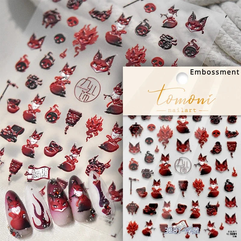 Nine-Tailed Fox Red Flower Nail Art Stickers
