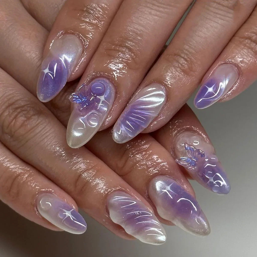 Summer Blue Water Ripple French Almond Press-On Nails